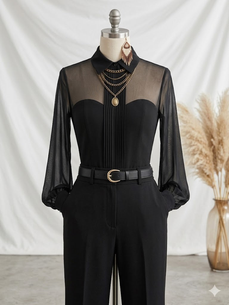 Woman wearing loose long sleeve shirt-collar top