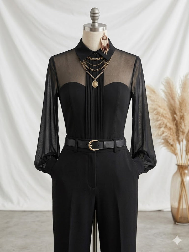 Woman wearing loose long sleeve shirt-collar top