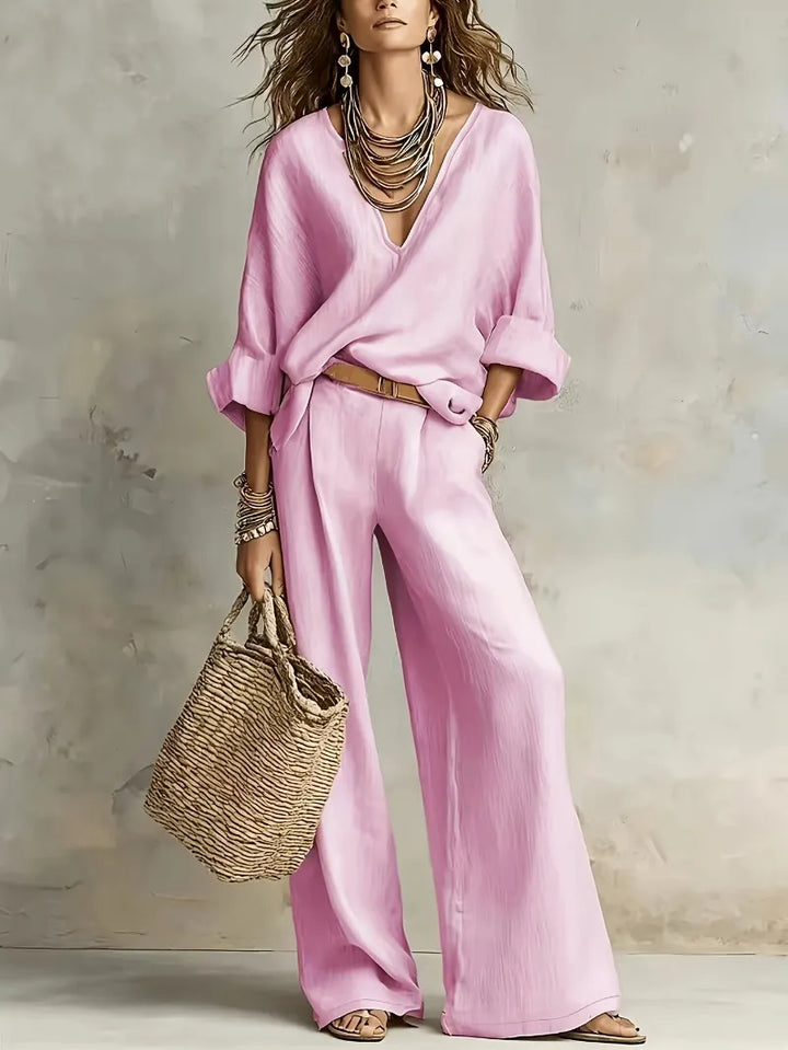 Woman wearing relaxed V-neck top and wide-leg pants set