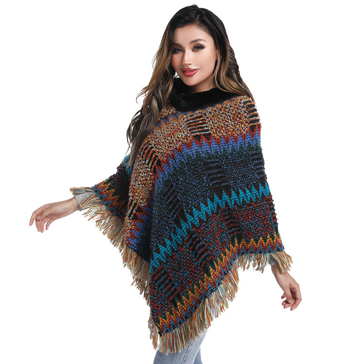 Women's knit shawl with gray jacquard grid pattern
