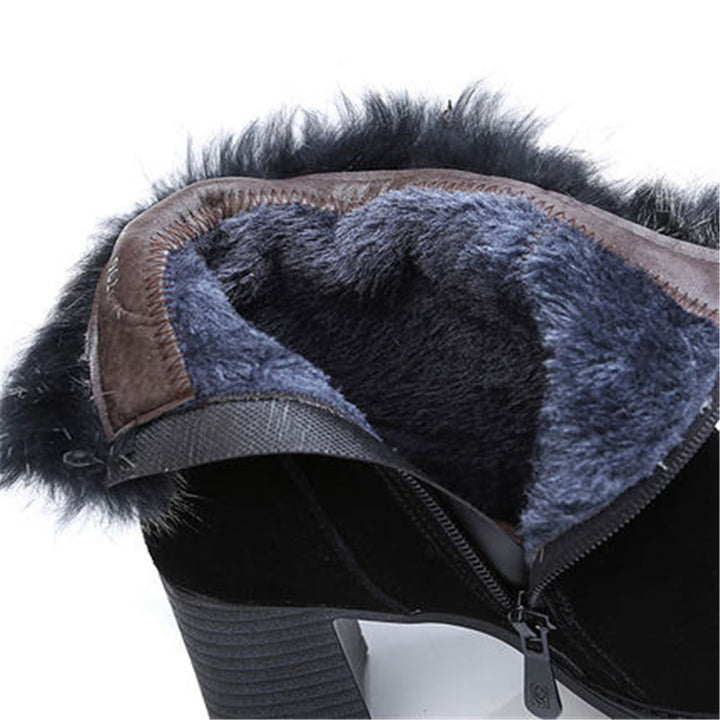 Black women's snow boots with mid heel and plush lining