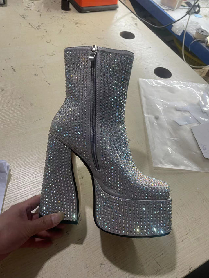 Gray rhinestone short ankle boots for women