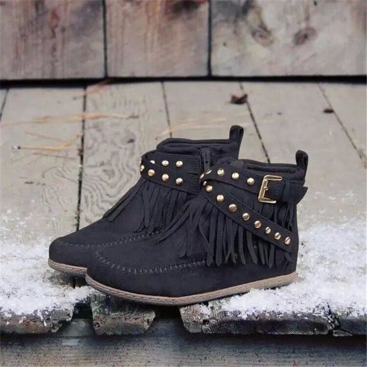 Women's black suede flat ankle boots with rivet tassel