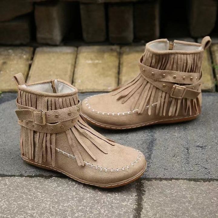 Women's black suede flat ankle boots with rivet tassel