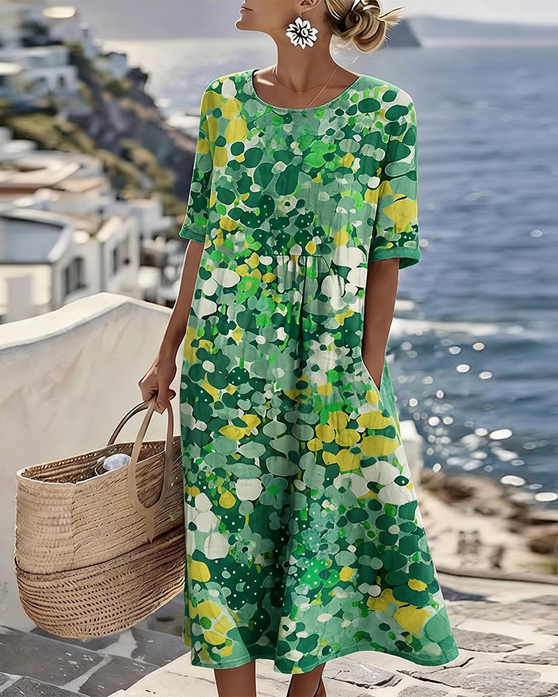 Woman wearing floral print midi dress with short sleeves
