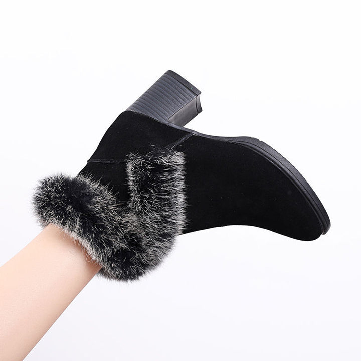 Black women's snow boots with mid heel and plush lining