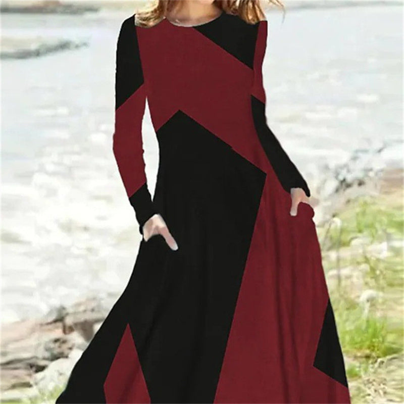 Long sleeve maxi dress with geometric color block print