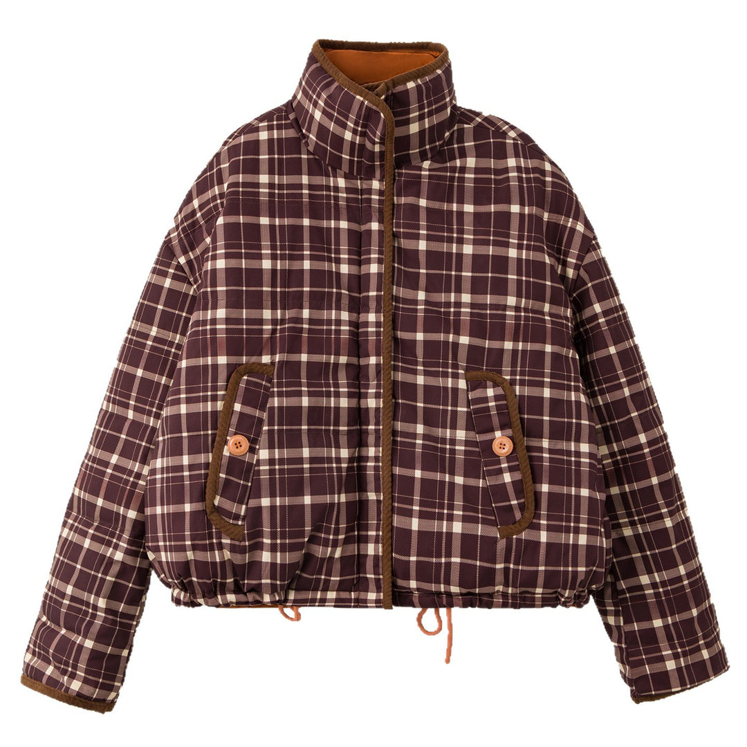 Women's quilted puffer jacket with plaid patchwork design