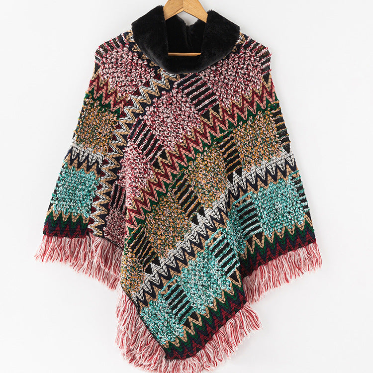 Women's knit shawl with gray jacquard grid pattern