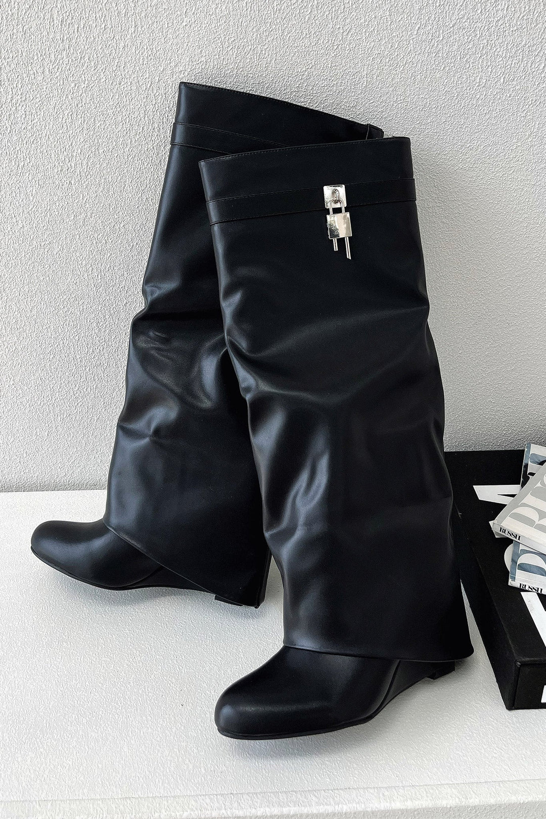 Fiammetta | Women's Pointed-Toe Wedge Knee-High Buckle Boots