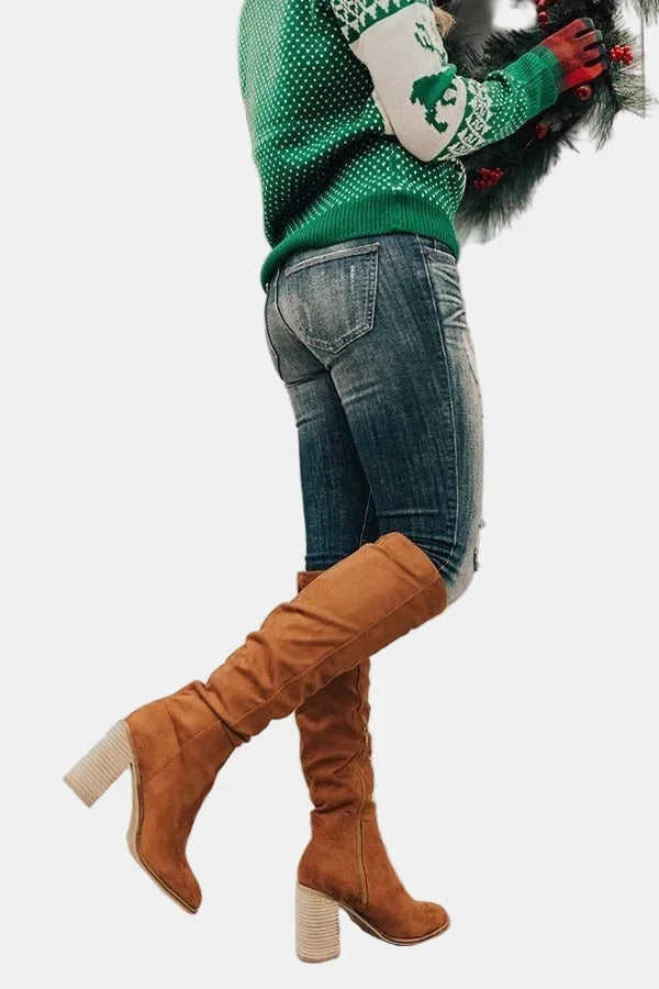 Camelia | Women's Almond-Toe Block-Heel Knee-High Zip-Up Boots