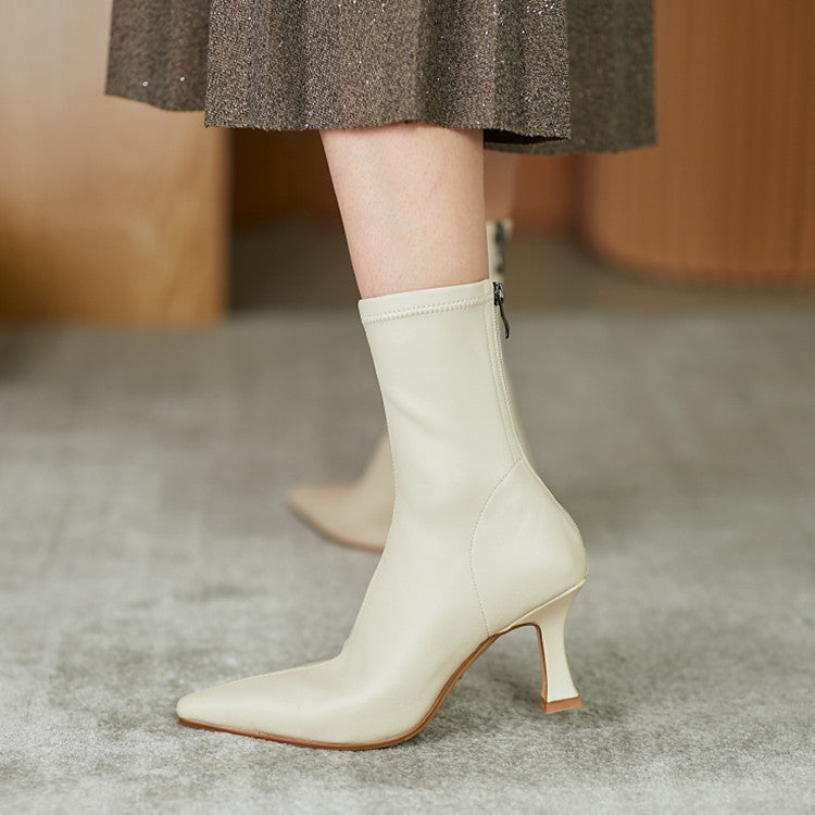 Women's pointed toe ankle boots with heel and back zipper