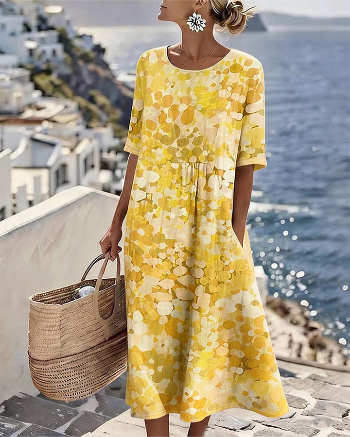 Woman wearing floral print midi dress with short sleeves