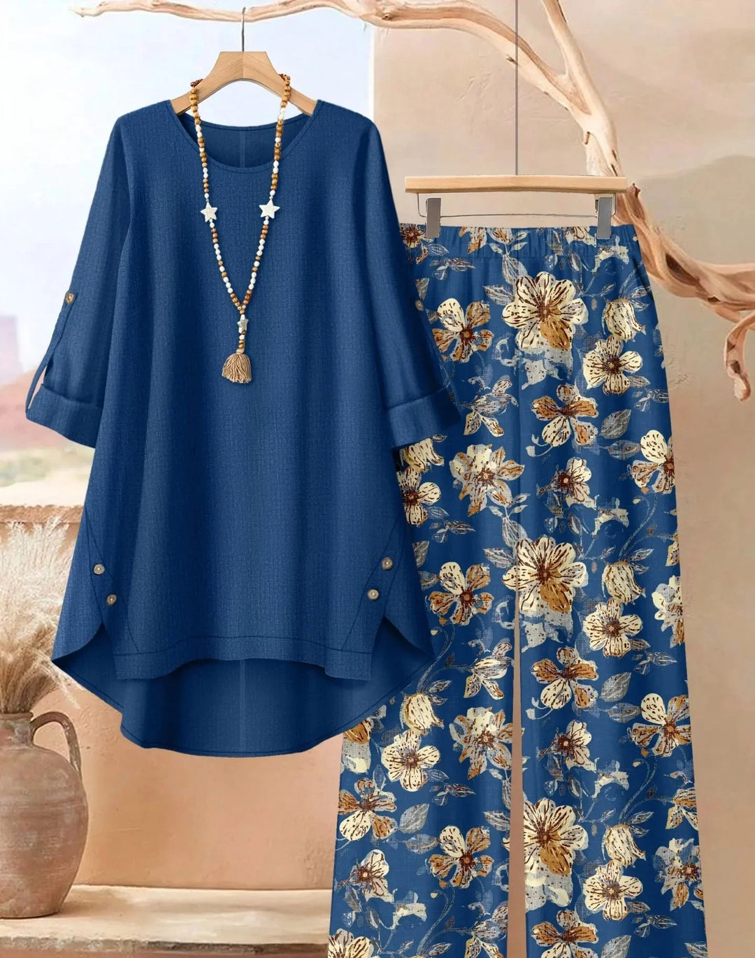 Women's leaf print tunic and wide leg pants set