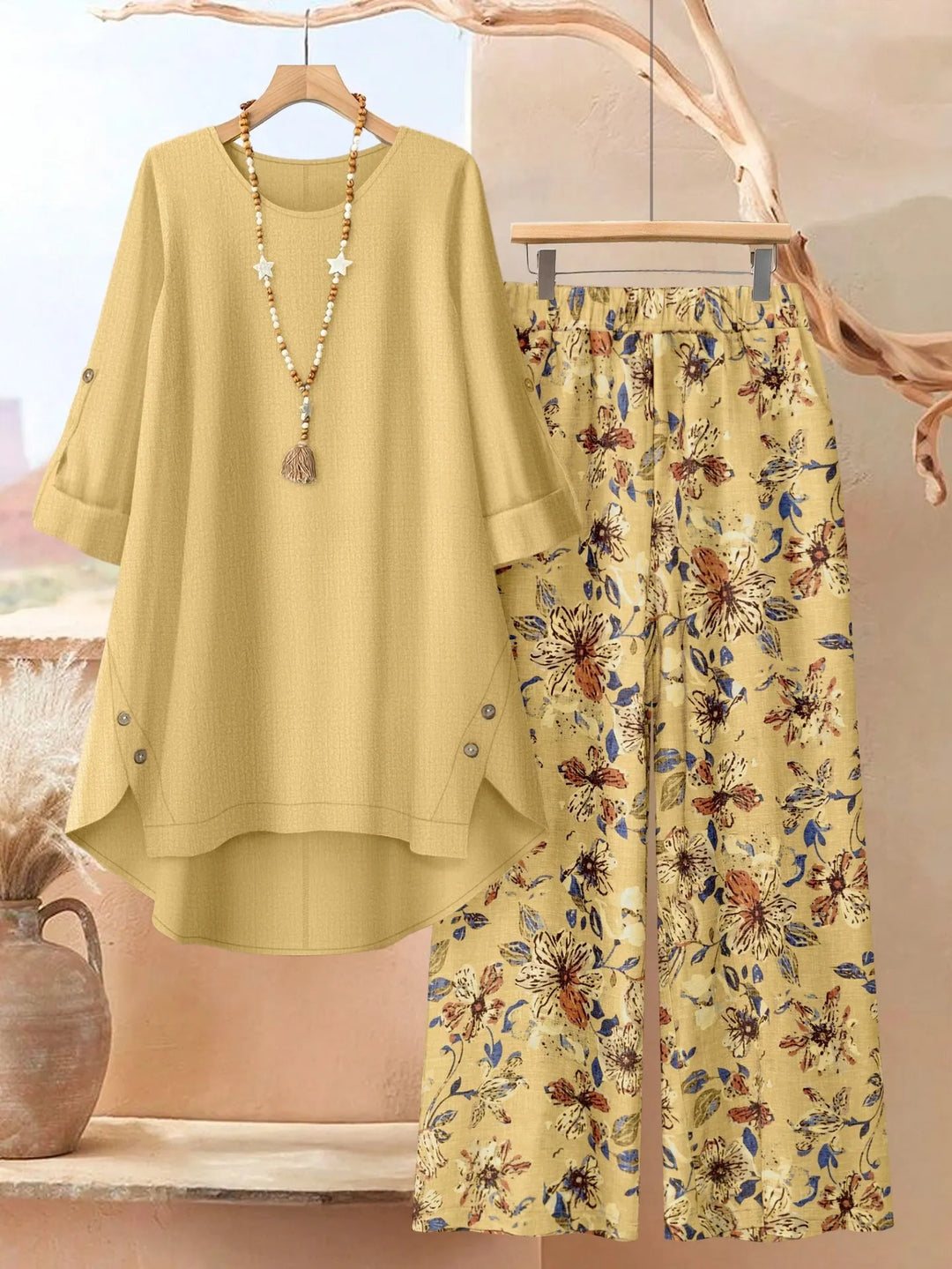 Women's leaf print tunic and wide leg pants set