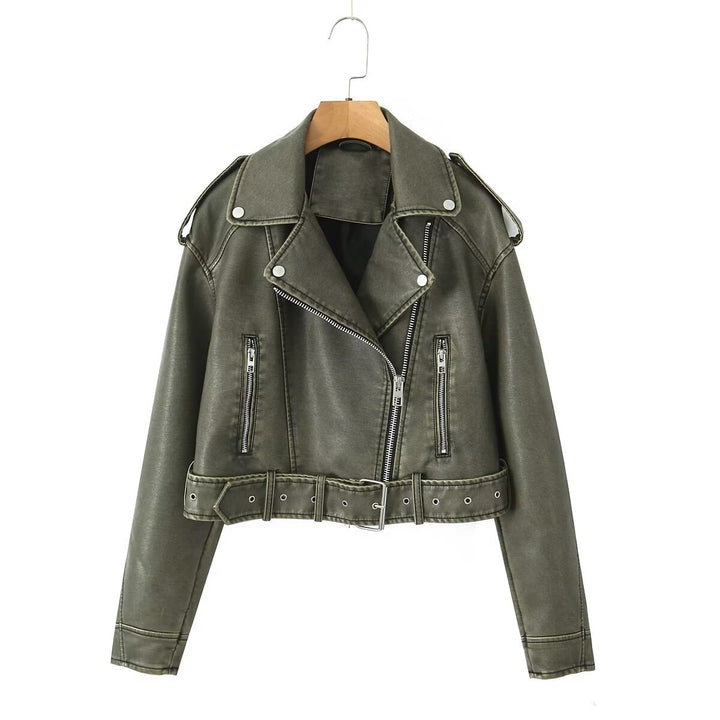 Women's washed leather moto jacket in solid color