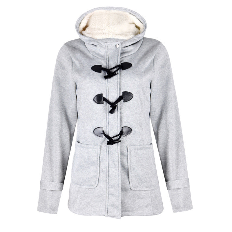 Woman in hooded double-breasted loose-fit coat