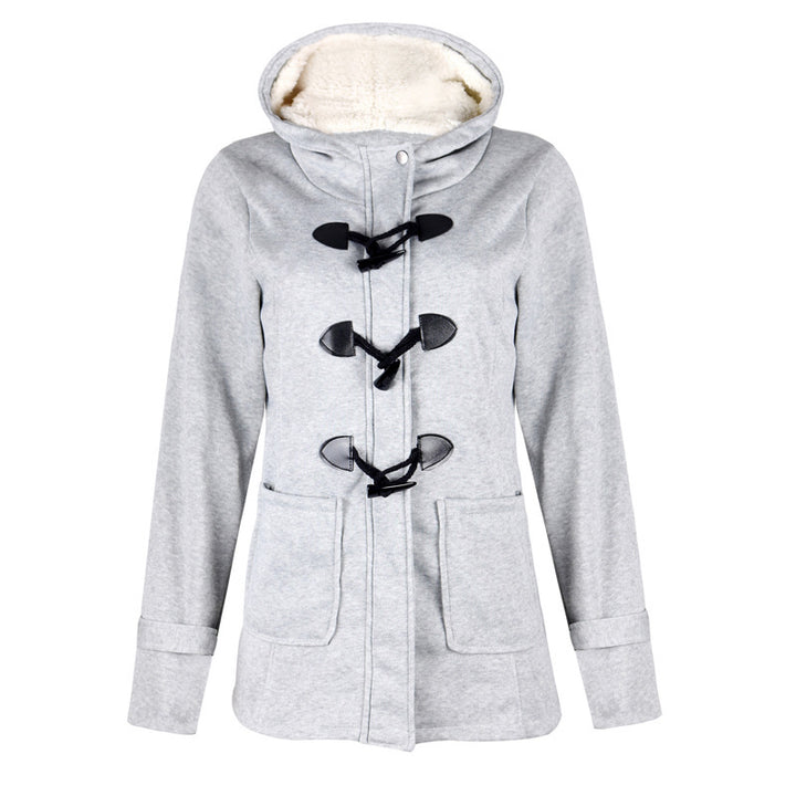 Woman in hooded double-breasted loose-fit coat
