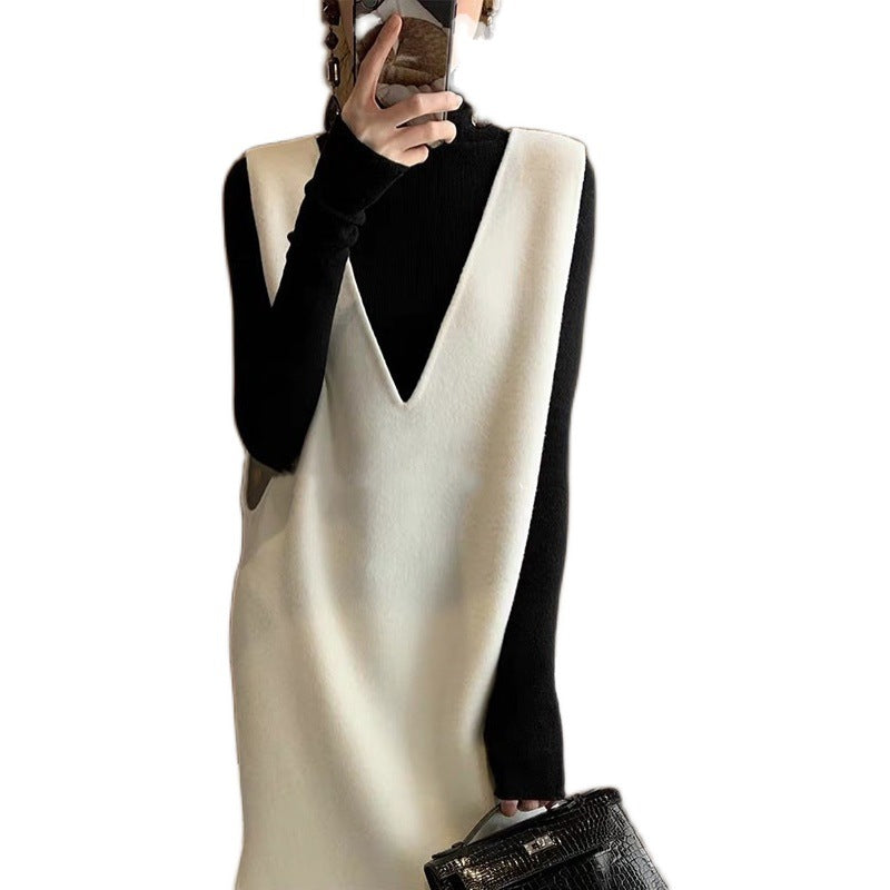 Beige sleeveless knit V-neck sweater dress front view