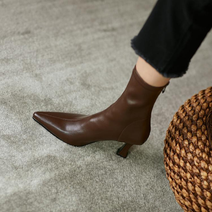 Women's pointed toe ankle boots with heel and back zipper