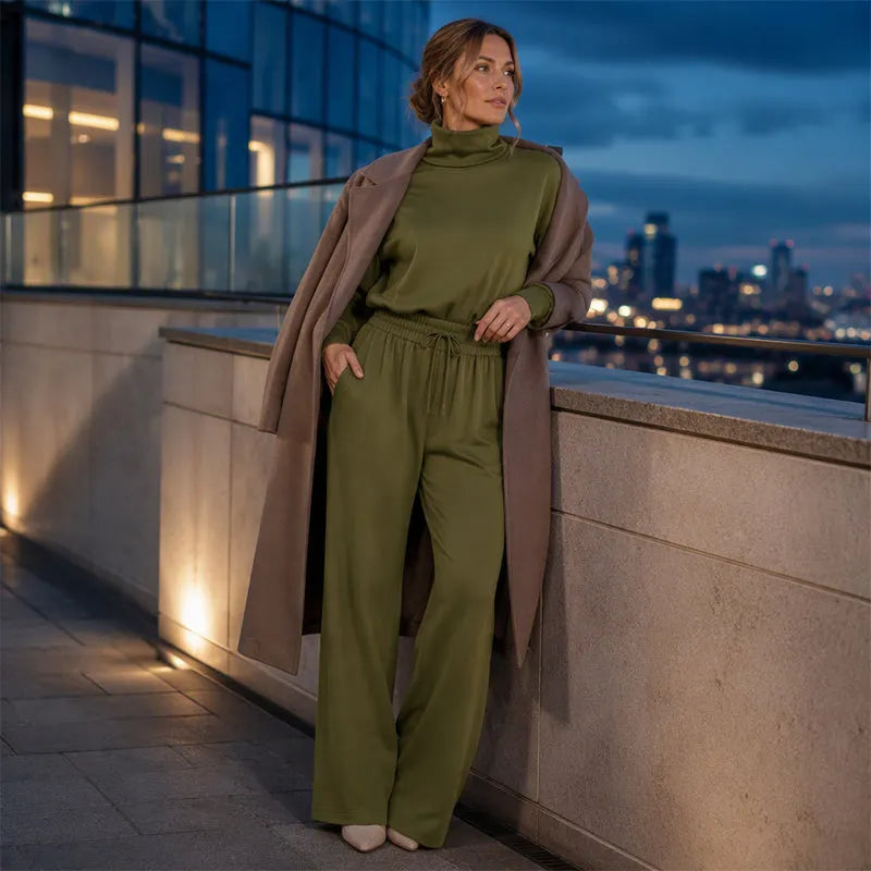 Woman wearing turtleneck two piece set with wide-leg pants