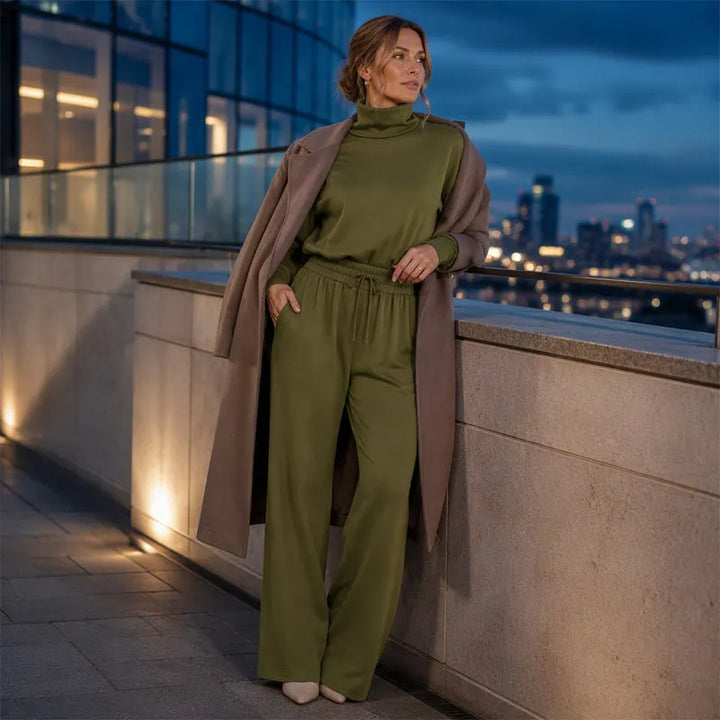 Woman wearing turtleneck two piece set with wide-leg pants
