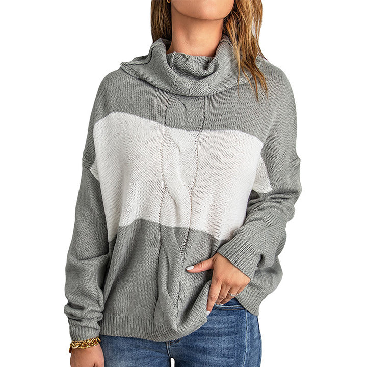 Woman wearing knit turtleneck sweater with contrast stitching