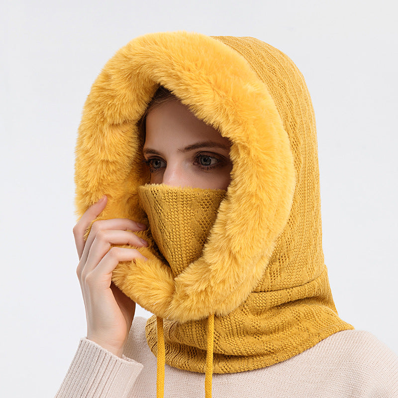 Women's hooded knit winter hat with scarf