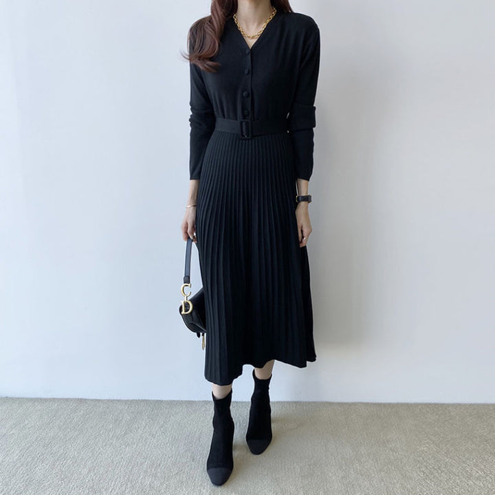 Women's black V-neck thick knit sweater dress