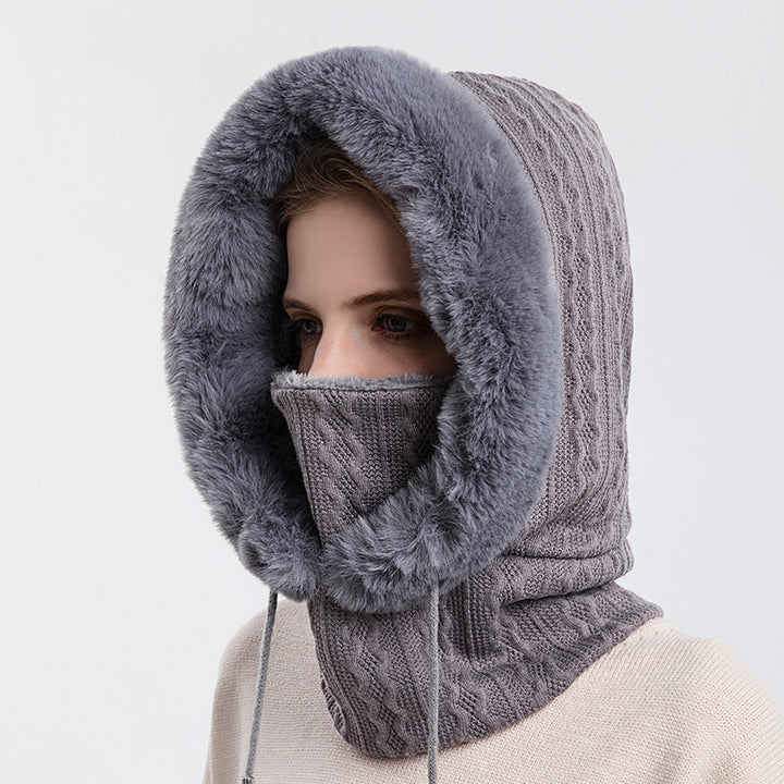 Women's hooded knit winter hat with scarf