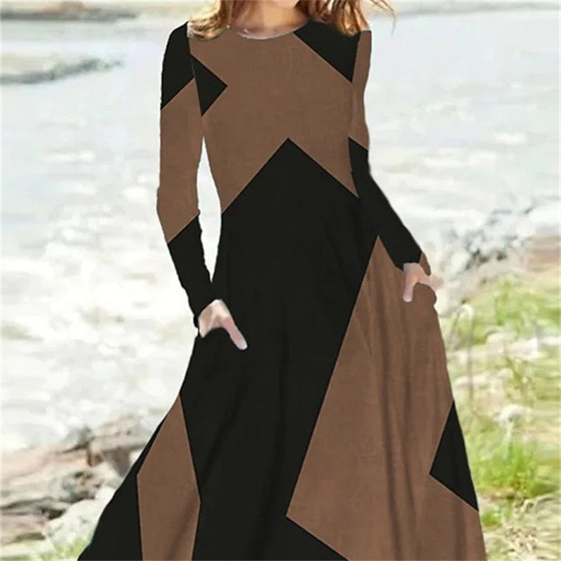Long sleeve maxi dress with geometric color block print