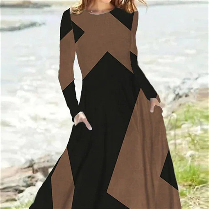 Long sleeve maxi dress with geometric color block print
