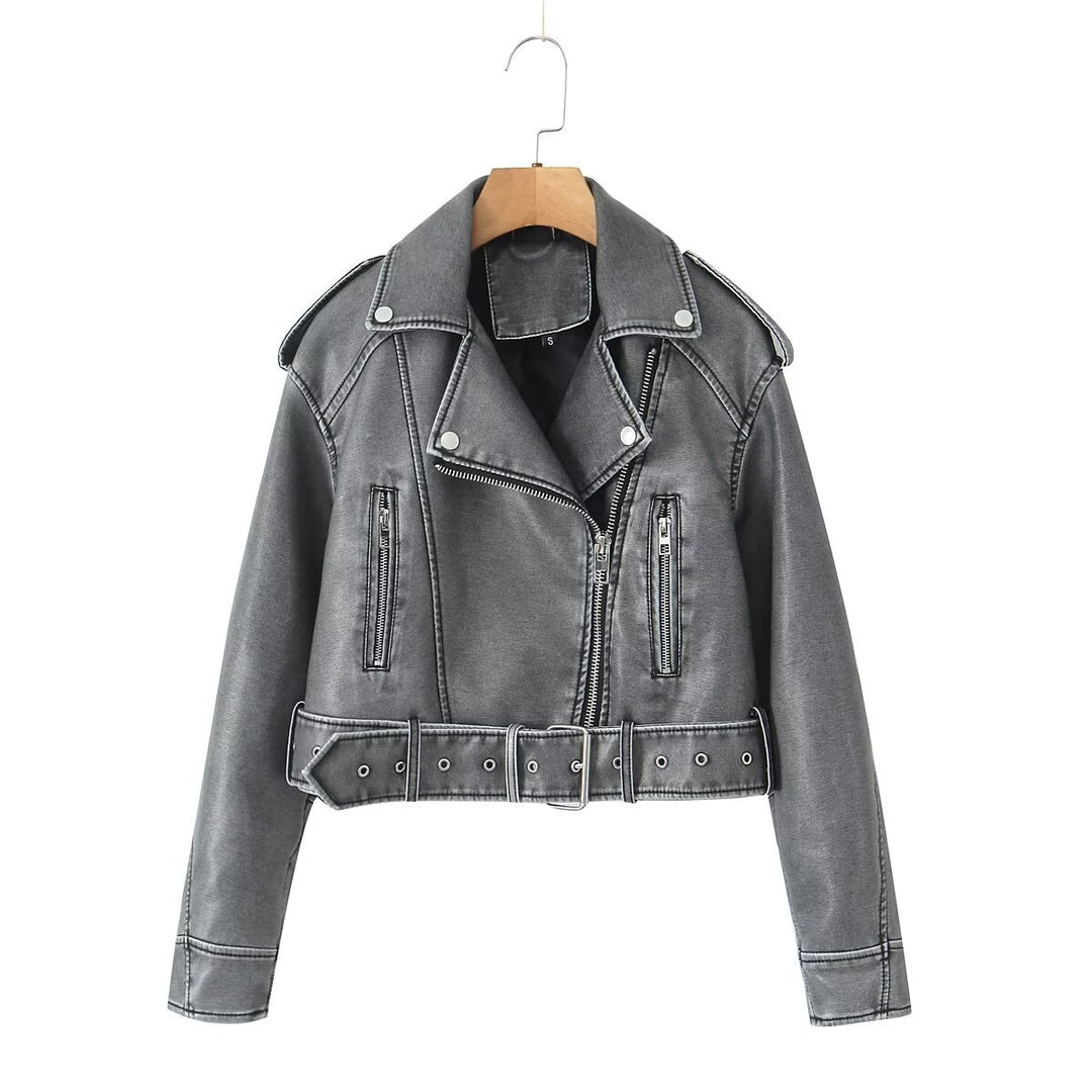 Women's washed leather moto jacket in solid color