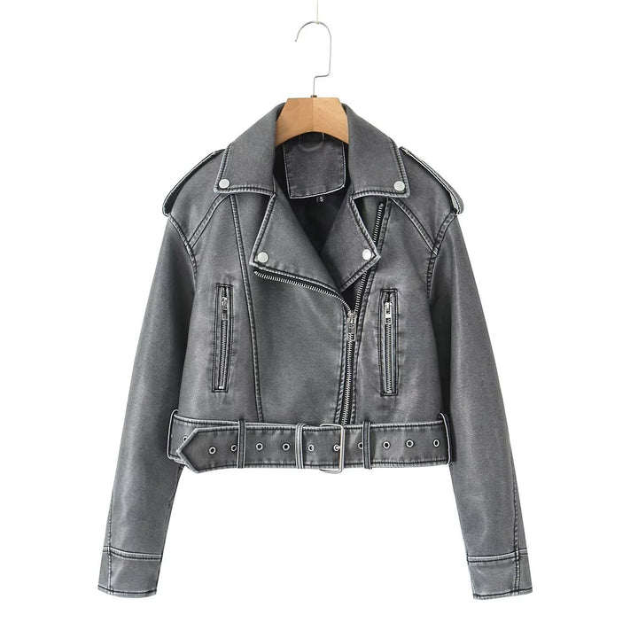 Women's washed leather moto jacket in solid color