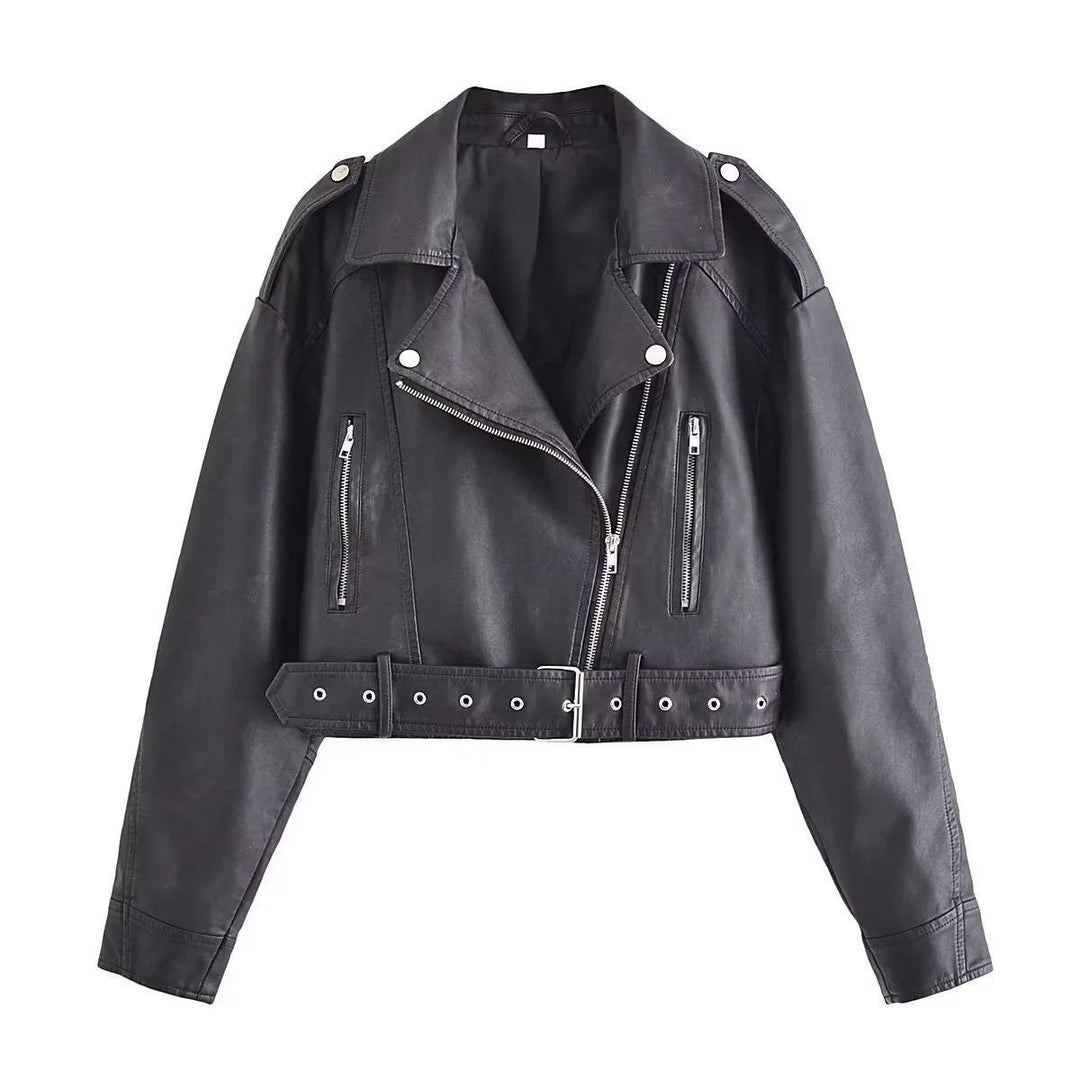 Women's washed leather moto jacket in solid color