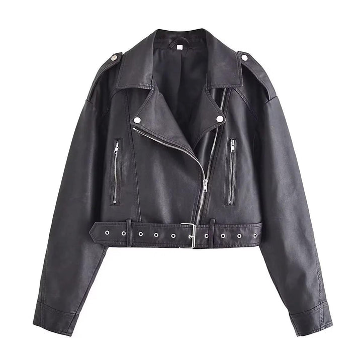 Women's washed leather moto jacket in solid color