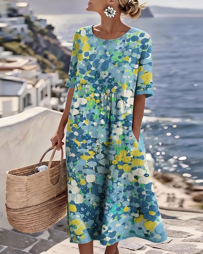 Woman wearing floral print midi dress with short sleeves