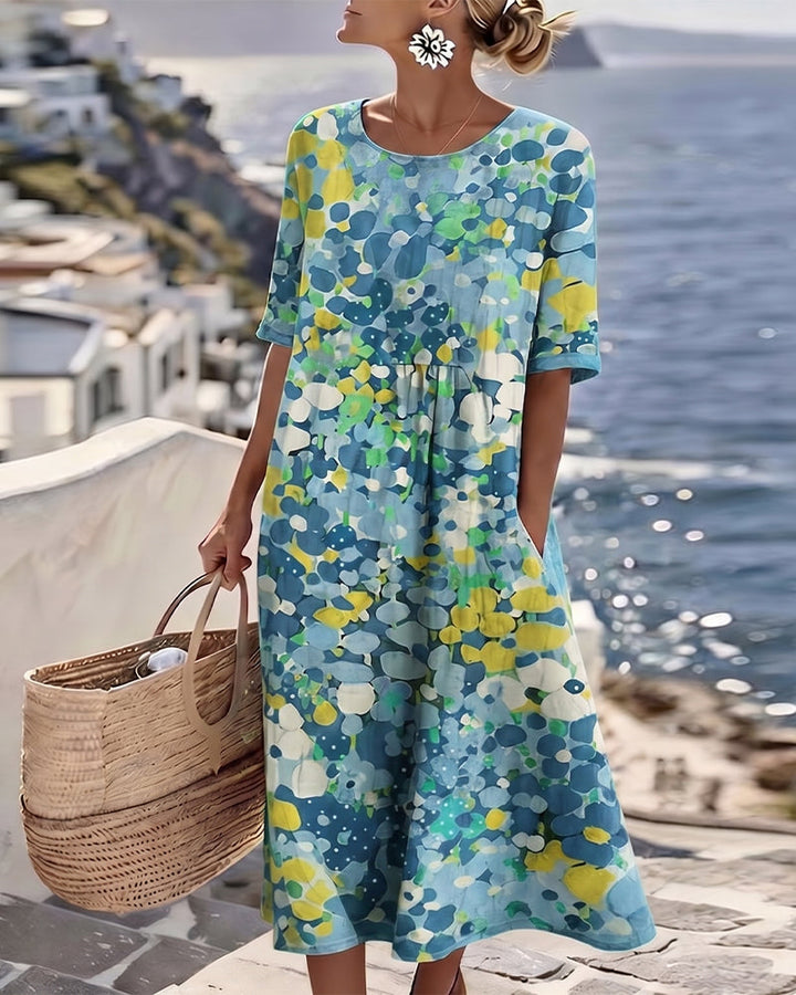 Woman wearing floral print midi dress with short sleeves