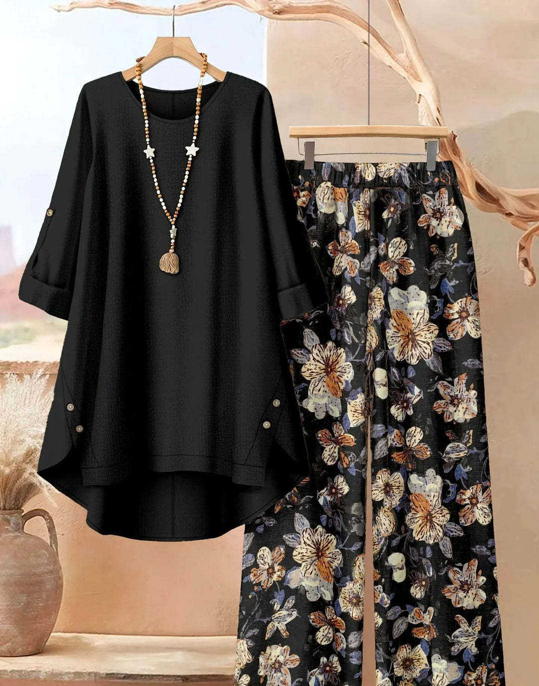 Women's leaf print tunic and wide leg pants set