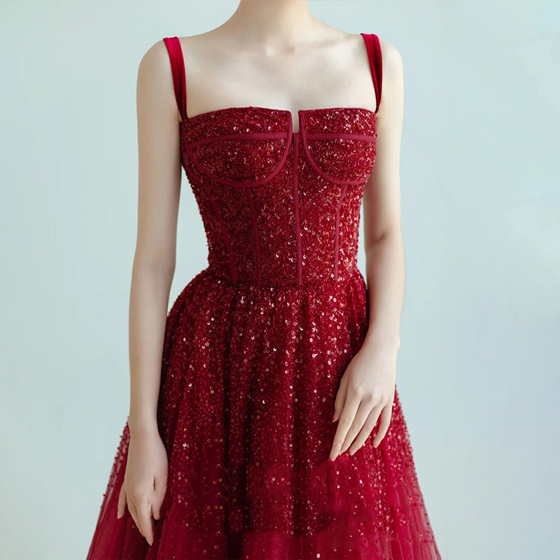 Wine red sequin sling maxi evening dress