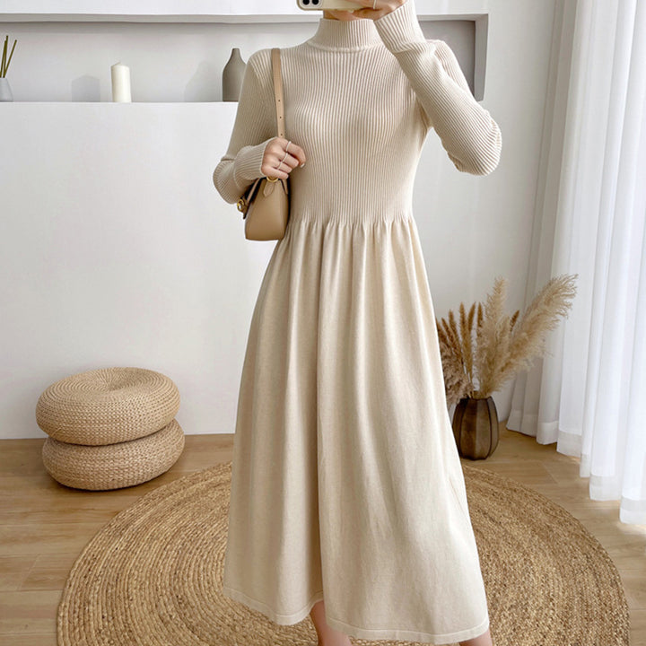 Women's mid-length knit sweater dress with elastic waist