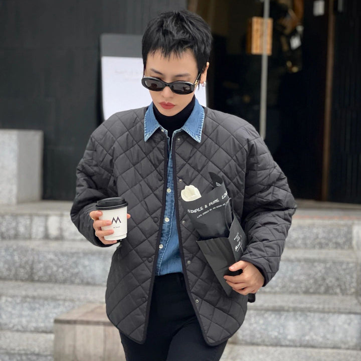 Women's diamond plaid puffer jacket with collarless neckline