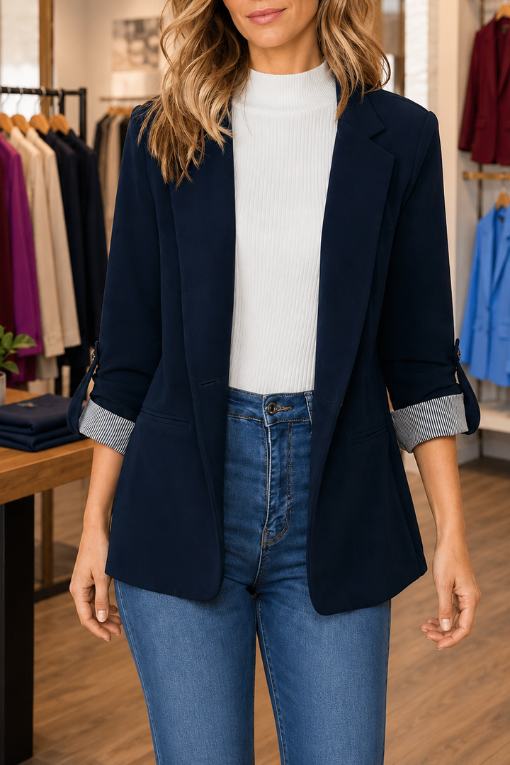 Women's structured lapel blazer cardigan front view