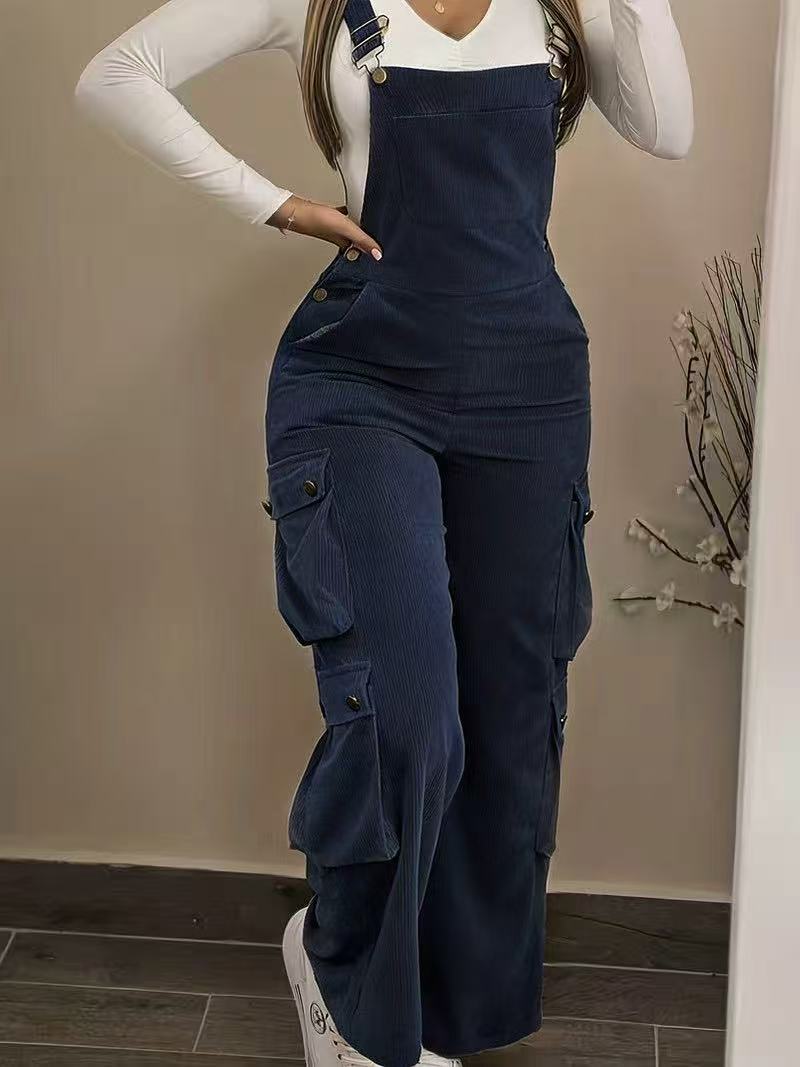 Woman wearing corduroy overalls with pockets