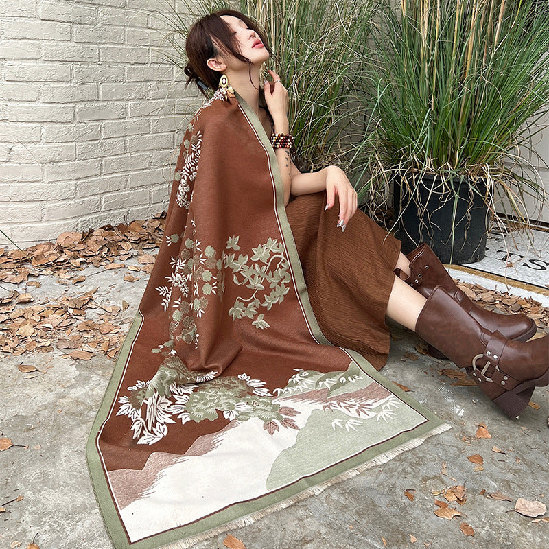 Green and orange long winter scarf for women