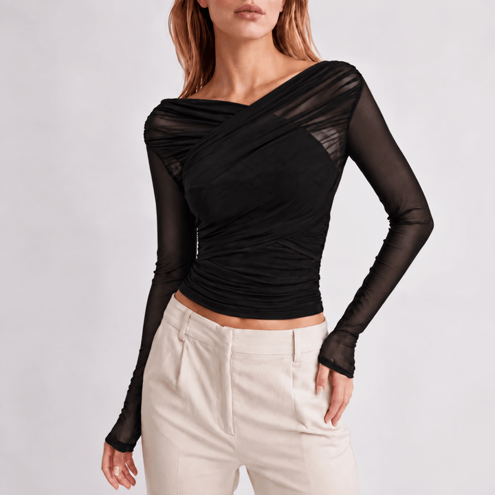 Aleah | Womens Long Sleeve Ruched Wrap Off Shoulder Top