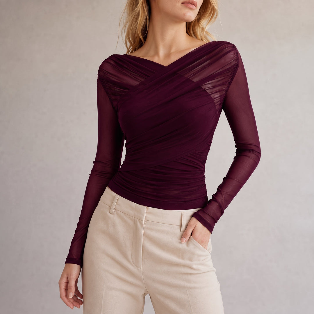 Aleah | Womens Long Sleeve Ruched Wrap Off Shoulder Top