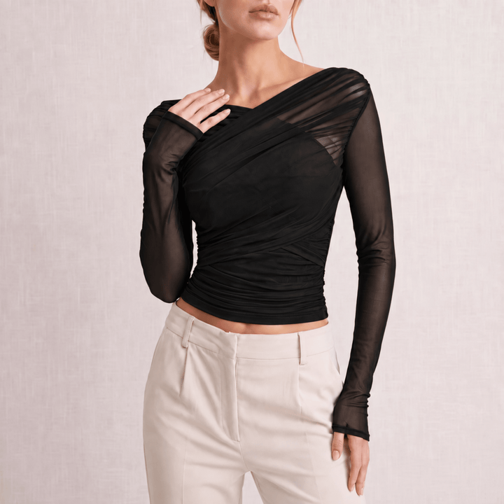 Aleah | Womens Long Sleeve Ruched Wrap Off Shoulder Top