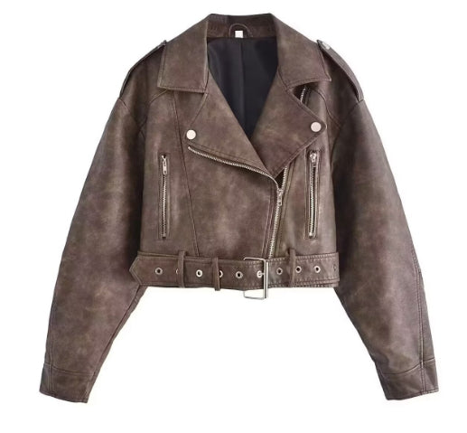 Women's washed leather moto jacket in solid color