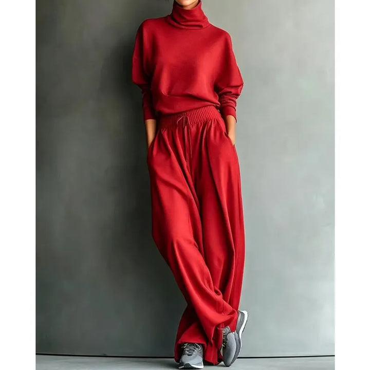 Woman wearing turtleneck two piece set with wide-leg pants